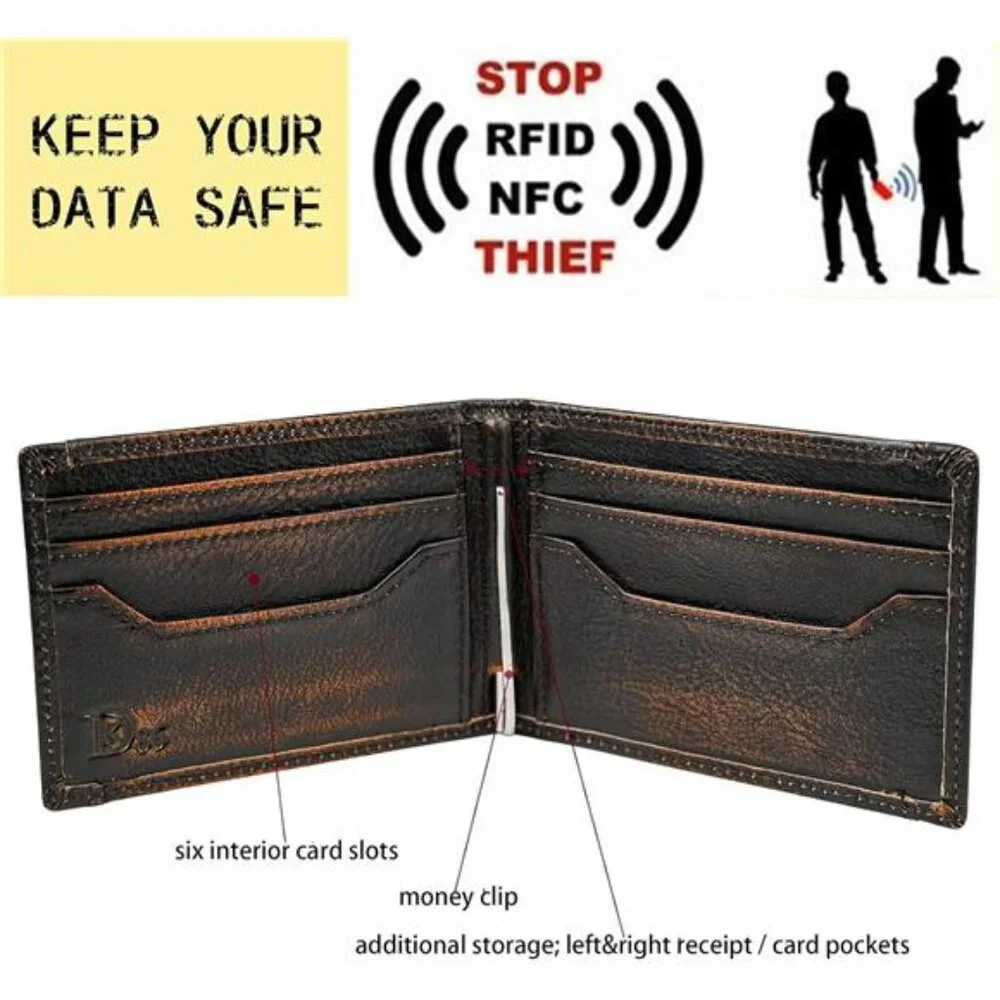Skull Wallet for Men with Money Clip Genuine Leather Bifold RFID Blocking Mens